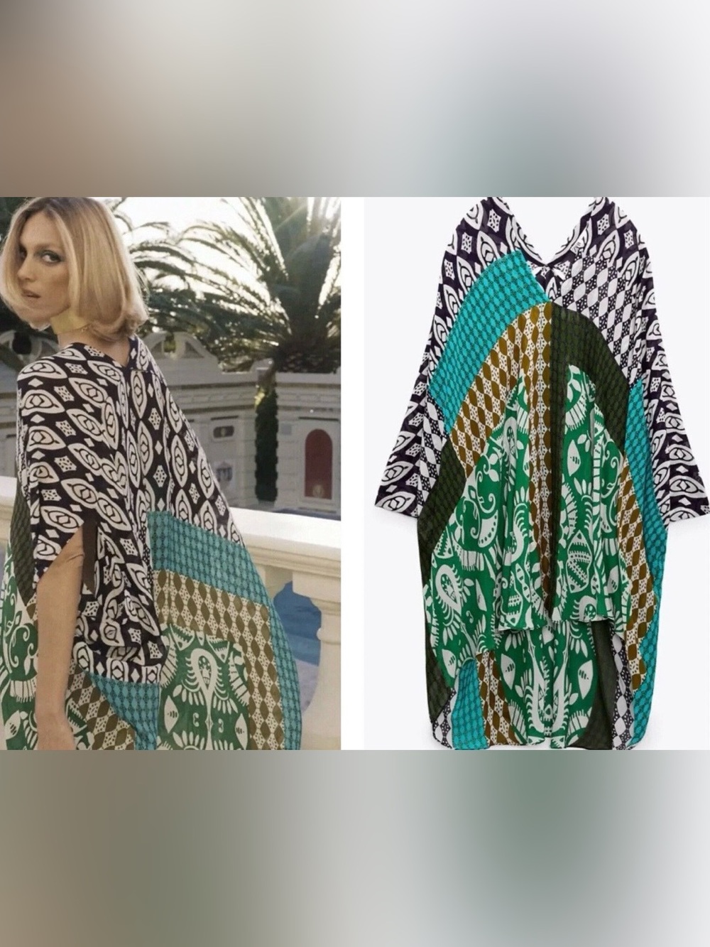 NWT Zara  Green, Teal and Black Patchwork Boho Kaftan. Size M.